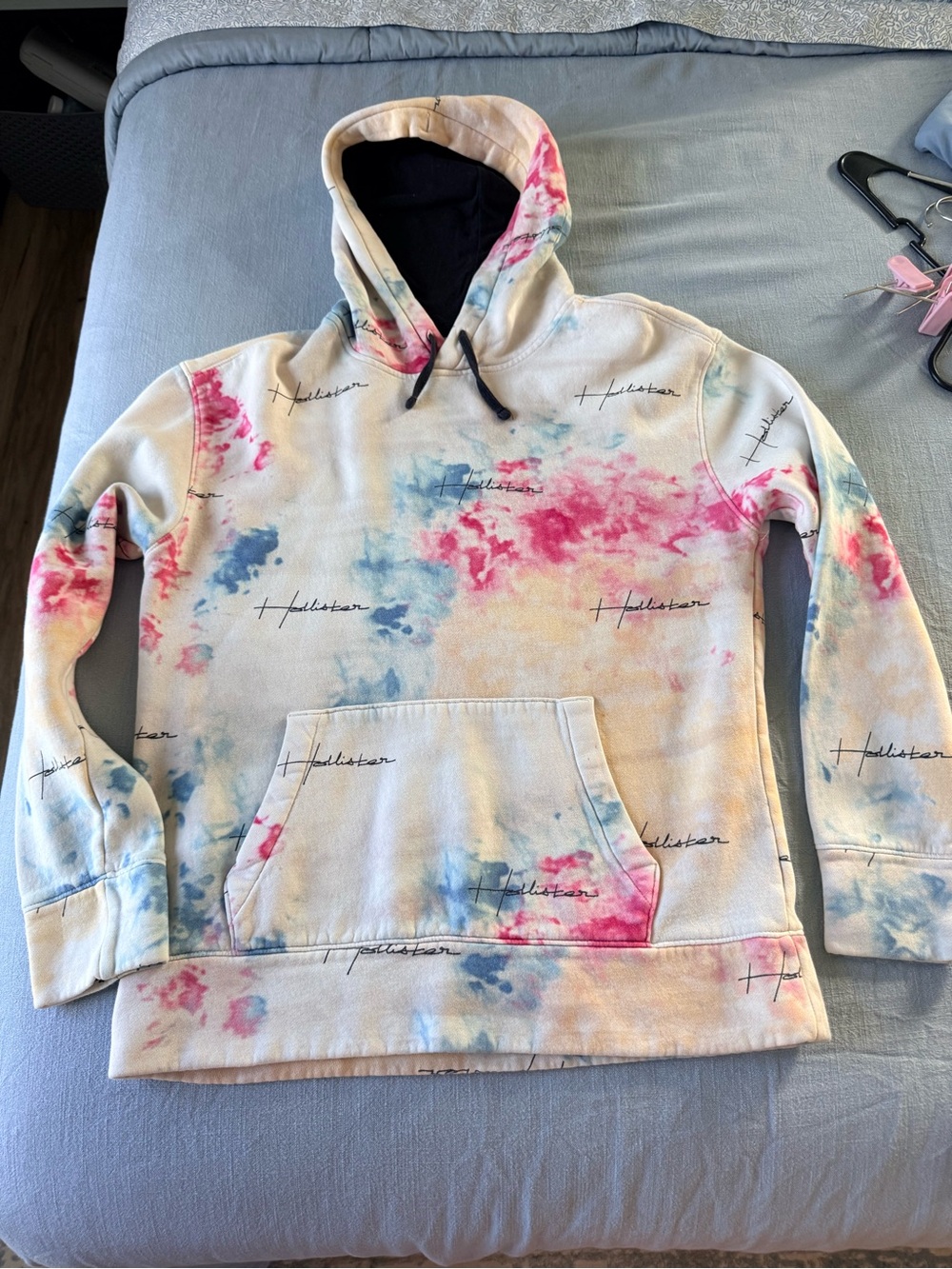 Hollister Cream Tie-Dye Hoodie with Pink & Blue Accents